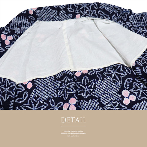 浴衣 リサイクル 夏着物 身丈145cm 裄60.8cm 夏物 ジュニアサイズ 絞り 紅葉模様 ネイビー SSサイズ カジュアル 木綿 洗える着物 バチ衿 Sランク