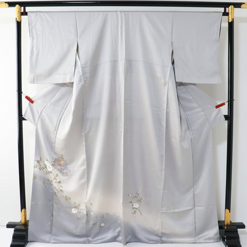 付下げ リサイクル 身丈166.2cm 裄65.6cm 袷 雪輪柄 花柄 部分刺繍 箔加工 グレー LLサイズ セミフォーマル お洒落 正絹 広衿 Sランク