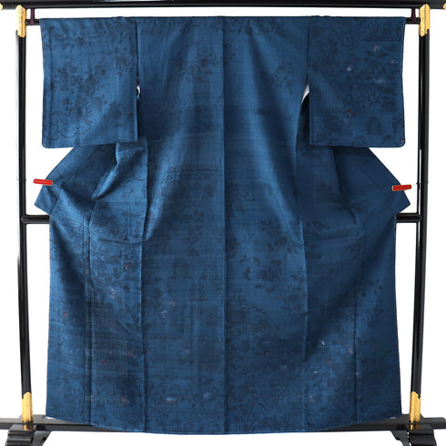 付下げ リサイクル 身丈159.3cm 裄66cm 袷 紬 花柄 木柄 染紬 ブルー Mサイズ お洒落 しつけ糸 正絹 広衿 Sランク