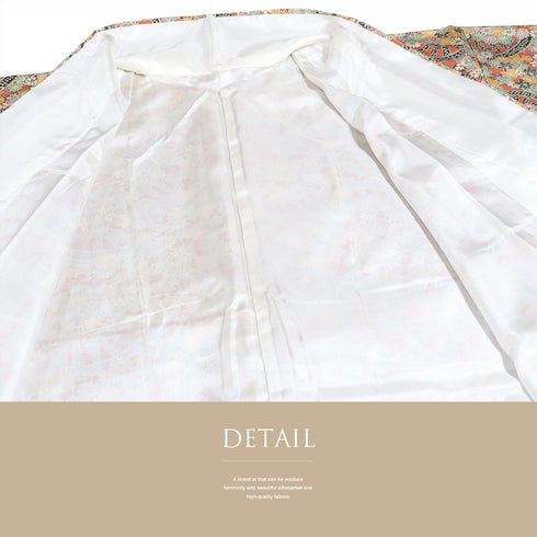 小紋 リサイクル 身丈157cm 裄64.6cm 袷 源氏車に菊柄 オレンジ Mサイズ お洒落 カジュアル しつけ糸 正絹 広衿 Sランク