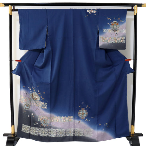 訪問着 リサイクル 身丈162.8cm 裄62.6cm 袷 金彩に双鳥と華文模様 ブルー Lサイズ セミフォーマル しつけ糸 正絹 広衿 Sランク