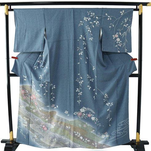 訪問着 リサイクル 身丈159.8cm 裄64.4cm 袷 辻ヶ花風柄 部分絞り加工 箔 ブルー Mサイズ フォーマル 正絹 広衿 Sランク