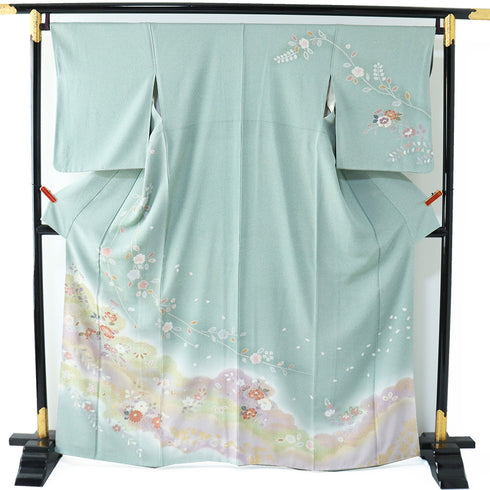 訪問着 リサイクル 身丈162.5cm 裄67.4cm 袷 雲取りぼかしに各種花枝柄 箔 グリーン Lサイズ セミフォーマル お洒落 正絹 広衿 Sランク