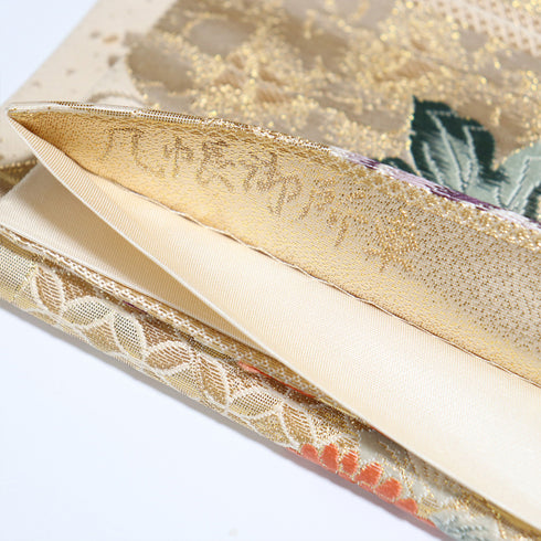 袋帯 リサイクル 帯丈440cm 六通 几帳御所車や牡丹柄 刺繍 ゴールド Mサイズ 正絹 新品・未使用品 フォーマル セミフォーマル