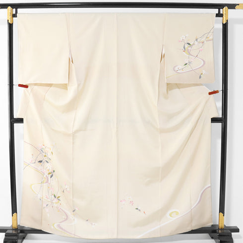 訪問着 リサイクル 身丈160.2cm 裄66.8cm 袷 枝垂れ花など ベージュ Mサイズ セミフォーマル お洒落 正絹 広衿 Sランク