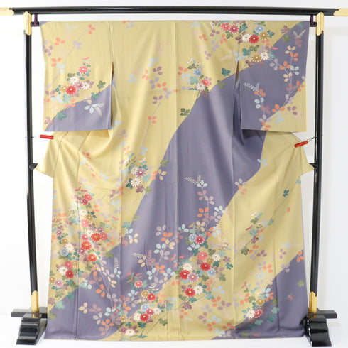 訪問着 身丈171.8cm 裄67.2cm 袷 菊柄 金駒刺繡 慶彩小袖 イエロー LLサイズ フォーマル 落款 正絹 広衿 Sランク