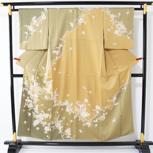 訪問着 リサイクル 身丈149cm 裄62.4cm 袷 花唐草模様 刺繍 金駒 ブラウン SSサイズ セミフォーマル 落款 一つ紋 正絹 広衿 Sランク