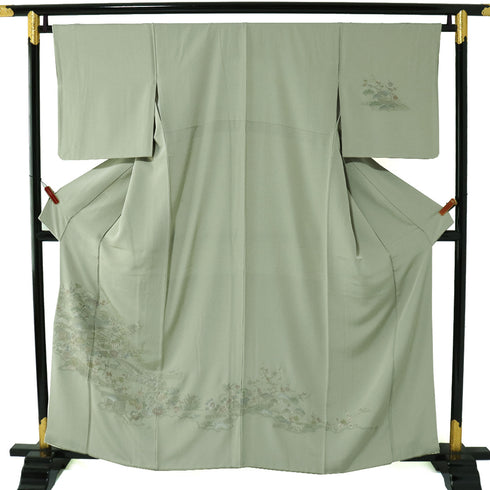 訪問着 リサイクル 身丈158.5cm 裄65.8cm 袷 風景柄 草花 汕頭刺繍 グリーン Mサイズ お洒落 セミフォーマル 正絹 広衿 Sランク