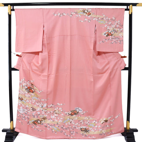 訪問着 リサイクル 身丈163cm 裄66.6cm 袷 地紙に花各種柄 箔 ピンク Lサイズ セミフォーマル 正絹 広衿 Sランク