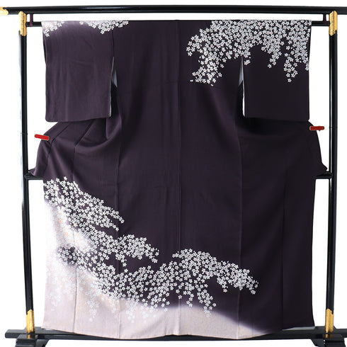 訪問着 リサイクル 身丈157.5cm 裄63cm 袷 小花散らし柄 金駒刺繍 箔 パープル Mサイズ セミフォーマル 正絹 広衿 Aランク