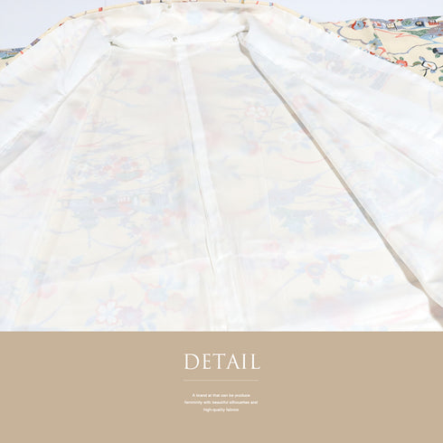 小紋 リサイクル 身丈156.5cm 裄62.6cm 袷 風景や四季花柄 ベージュ Mサイズ お洒落 ポリエステル 洗える着物 広衿 Sランク