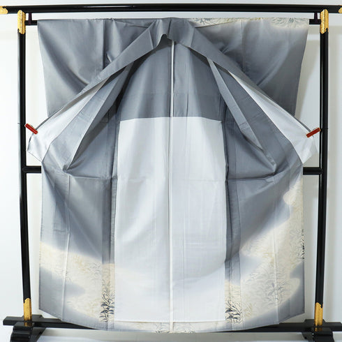 付下げ 身丈159.3cm 裄65.4cm 袷 葉柄 グレー Mサイズ お洒落 正絹 広衿 Sランク