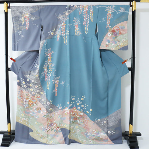 訪問着 リサイクル 身丈165.7cm 裄68.4cm 袷 菊柄 金駒刺繍 絞り 重ね衿付き ブルー LLサイズ セミフォーマル 正絹 広衿 Sランク
