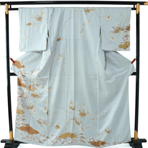 訪問着 リサイクル 身丈159.5cm 裄64.4cm 袷 桐柄 松竹梅柄 金駒刺繍 箔加工 グレー Mサイズ フォーマル セミフォーマル しつけ糸 正絹 広衿 Sランク