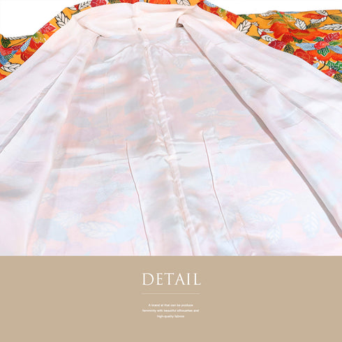 小紋 リサイクル 身丈161.5cm 裄66.4cm 袷 デザイン花柄 オレンジ Lサイズ お洒落 カジュアル 正絹 広衿 Sランク