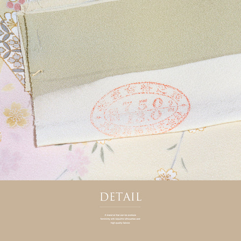 付下げ リサイクル 身丈165.3cm 裄66.4cm 袷 雪輪に枝垂れ桜柄 金駒刺繍 箔 ベージュ Lサイズ フォーマル セミフォーマル しつけ糸 正絹 広衿 Sランク