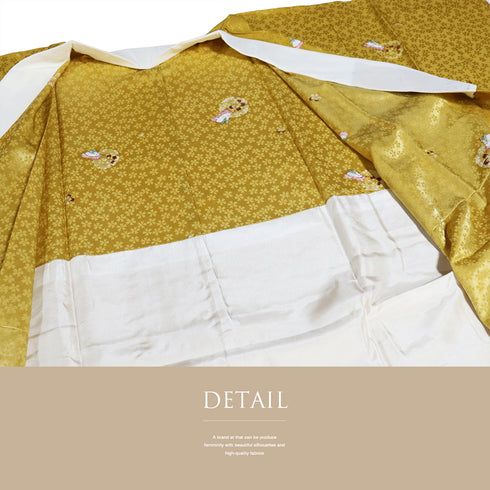 長襦袢 リサイクル 長襦袢 身丈116.5cm 裄62.8cm 袷 桜の地紋 雪輪にうさぎ柄 後身頃居敷当て付き イエロー Sサイズ お洒落 しつけ糸 正絹 袖無双 未使用品