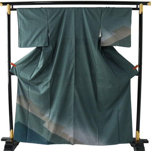 付下げ リサイクル 身丈160cm 裄64.6cm 袷 紬 抽象柄 グリーン Mサイズ お洒落 しつけ糸 正絹 広衿 Sランク