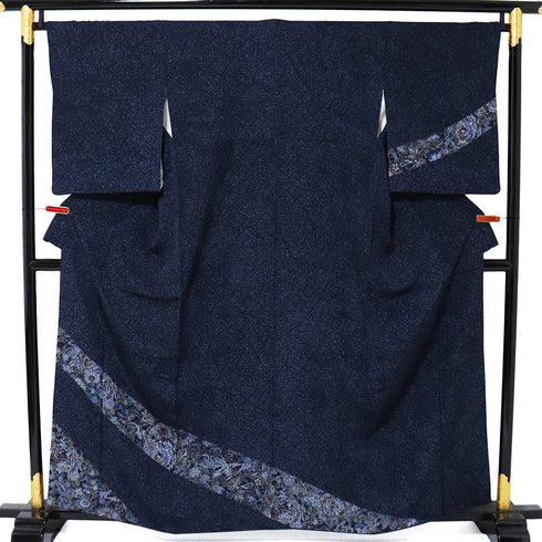 付下げ リサイクル 身丈159cm 裄68cm 袷 鳳凰更紗柄 たたき 地紋 ネイビー Mサイズ お洒落 正絹 広衿 Sランク