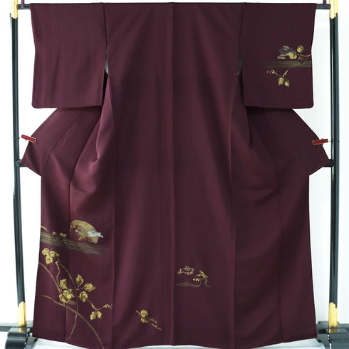 付下げ リサイクル 身丈161.8cm 裄64.8cm 袷 月に波やうさぎ柄 刺繍 箔 パープル Lサイズ お洒落 正絹 広衿 Sランク