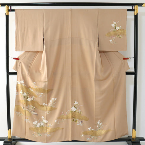 訪問着 リサイクル 身丈155.5cm 裄62.8cm 袷 花各種柄 刺繍 箔 ブラウン Mサイズ セミフォーマル お洒落 正絹 広衿 Sランク