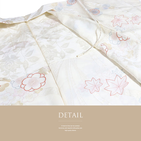 羽織 リサイクル 身丈80cm 裄64.8cm 袷 菊や梅や紅葉柄 地紋 アイボリー Mサイズ セミフォーマル お洒落 一つ紋 しつけ糸 正絹 Sランク