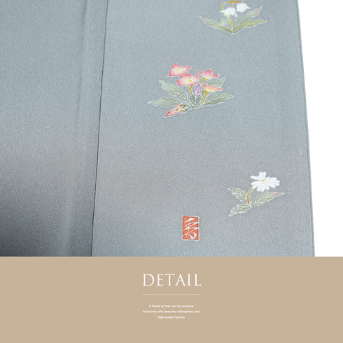 色無地 リサイクル 身丈159.5cm 裄68.4cm 袷 グレー Mサイズ セミフォーマル 落款 一つ紋 蟹牡丹紋 正絹 広衿 地紋なし Aランク