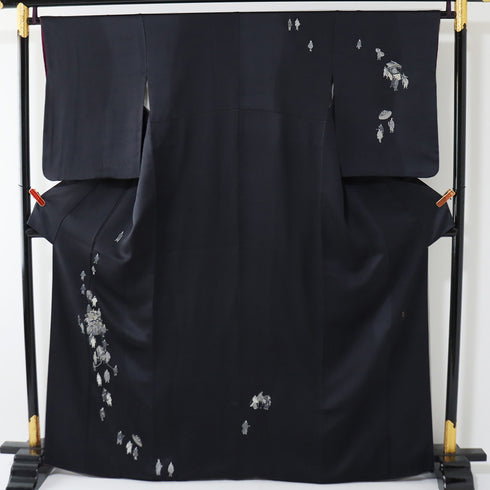 付下げ リサイクル 身丈165.5cm 裄65.8cm 袷 葵まつり柄 地紋 ネイビー LLサイズ お洒落 正絹 広衿 Sランク