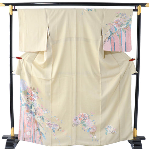 付下げ リサイクル 身丈163.5cm 裄65.6cm 袷 地紋 箔加工 部分たたき 菊柄 竹柄 アイボリー Lサイズ お洒落 正絹 広衿 Sランク