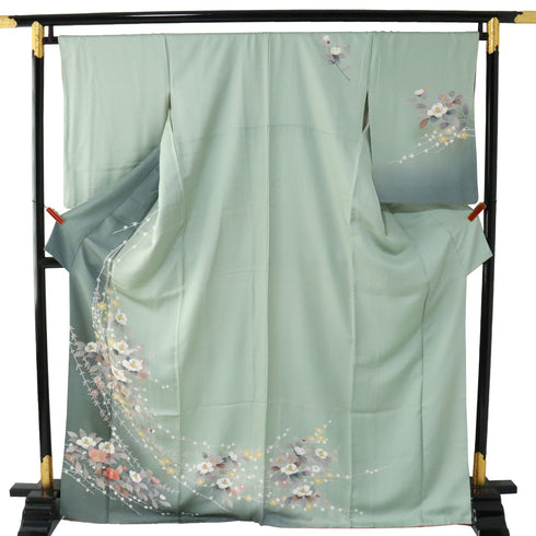 付下げ 身丈169.3cm 裄68cm 袷 椿柄 箔 グリーン LLサイズ セミフォーマル お洒落 正絹 広衿 Sランク