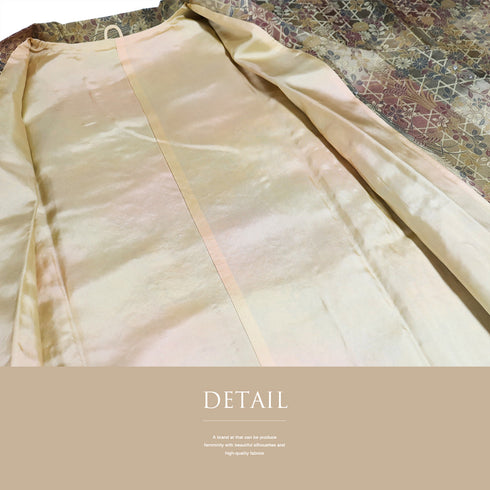 コート リサイクル 身丈133.2cm 裄66cm 袷 ロングコート 千代太衿 パールトーン加工 籠目に花草柄 ブラウン Mサイズ お洒落 正絹 Sランク