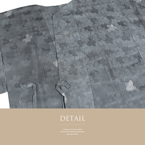 道中着 リサイクル 身丈93.8cm 裄68.8cm 袷 地紋 彩色 葉模様 グレー LLサイズ お洒落 カジュアル 正絹 Sランク