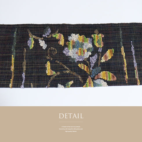 名古屋帯 リサイクル 帯丈400cm ポイント柄 花柄 ブラック LLサイズ 正絹 Sランク お洒落 カジュアル