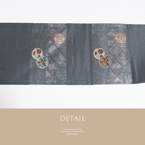 名古屋帯 リサイクル 帯丈368.5cm ポイント柄 華文 鳥柄 花柄 グレー Mサイズ 正絹 Sランク お洒落