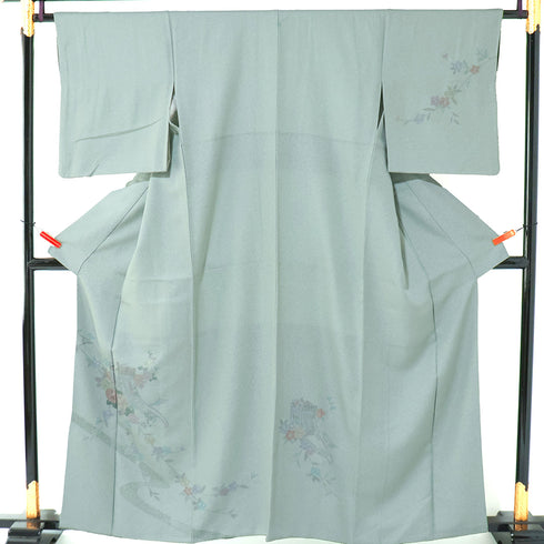 付下げ リサイクル 身丈158.6cm 裄64.4cm 袷 御所車 地紋 汕頭刺繍 グリーン Mサイズ お洒落 セミフォーマル 一つ紋 正絹 広衿 Sランク