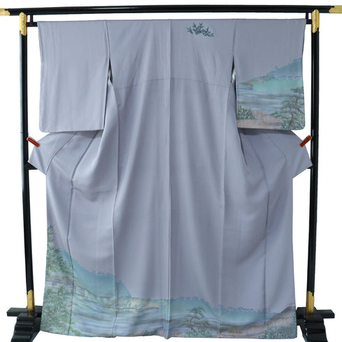 訪問着 リサイクル 身丈167.5cm 裄66.4cm 袷 京都嵐山渡月橋柄 箔 パープル LLサイズ お洒落 正絹 広衿 Sランク