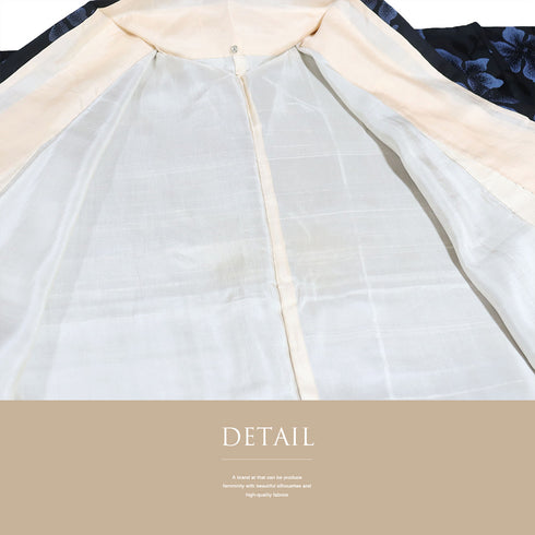 小紋 リサイクル 身丈154.5cm 裄63.6cm 袷 アンティーク お召 花柄 地紋 ネイビー Sサイズ お洒落 カジュアル 正絹 広衿 Aランク