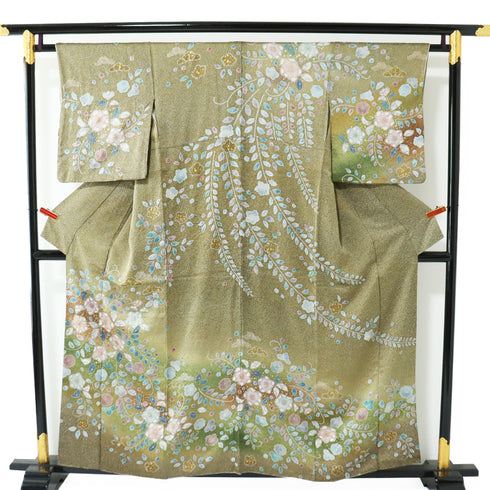 訪問着 リサイクル 身丈154.8cm 裄63.6cm 袷 辻ヶ花文様 箔 後絞り加工 グリーン Sサイズ お洒落 正絹 広衿 Sランク