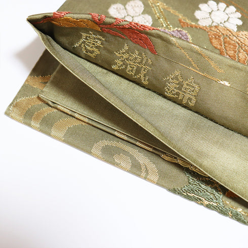 袋帯 リサイクル 帯丈422cm 六通 流水や菊柄 刺繍 唐織錦 グリーン Sサイズ 正絹 Sランク フォーマル セミフォーマル