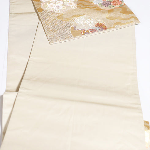 袋帯 リサイクル 帯丈440cm 六通 牡丹に菊や桜柄 刺繍 ゴールド Mサイズ 正絹 Sランク フォーマル セミフォーマル