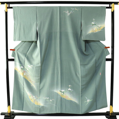 訪問着 リサイクル 身丈152.8cm 裄63.6cm 袷 花柄 グリーン Sサイズ フォーマル セミフォーマル 落款 正絹 広衿 Aランク