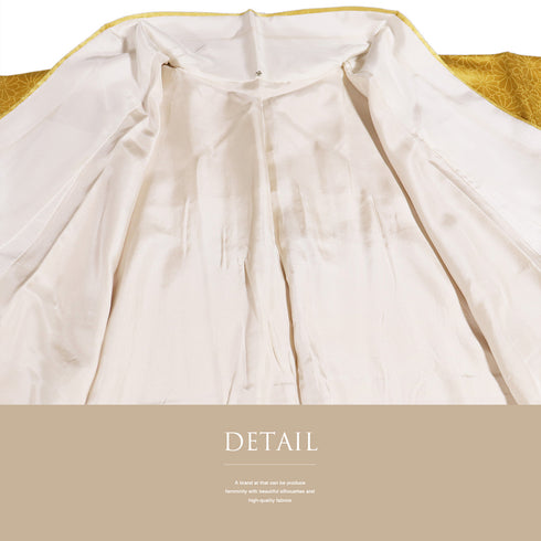 色無地 リサイクル 身丈164.5cm 裄63.2cm 袷 菊柄 イエロー Lサイズ フォーマル セミフォーマル 一つ紋 正絹 広衿 地紋あり Sランク