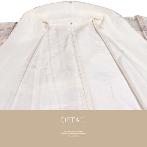 紬 リサイクル 身丈158cm 裄65.2cm 袷 風景文様 ピンク Mサイズ お洒落 カジュアル 正絹 広衿 Sランク