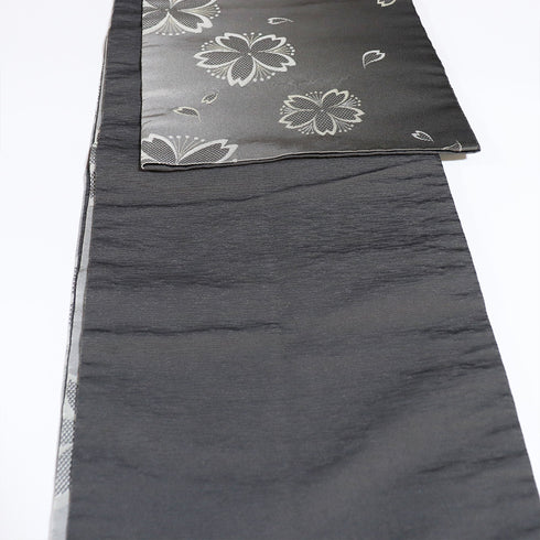 京袋帯 リサイクル 帯丈366cm 全通 桜にぼかし柄 グレー Mサイズ ポリエステル Sランク お洒落 カジュアル