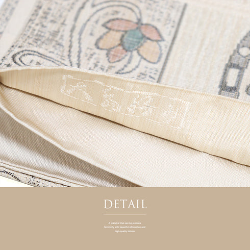 袋帯 リサイクル 帯丈426cm 六通 丸に花柄 デザイン唐花柄 ベージュ Sサイズ 正絹 新品・未使用品 お洒落