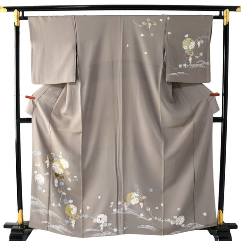 訪問着 リサイクル 身丈160.5cm 裄64.4cm 袷 雪輪 葡萄柄 箔加工 ブラウン Lサイズ セミフォーマル お洒落 正絹 広衿 Sランク