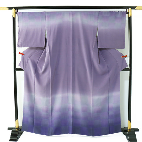 訪問着 リサイクル 身丈160cm 裄69cm 袷 ぼかし市松柄 パープル Mサイズ お洒落 正絹 広衿 Sランク