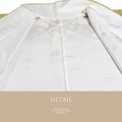 色無地 リサイクル 身丈172.5cm 裄69.8cm 袷 梅柄 作家物 柿本市郎 グリーン LLサイズ セミフォーマル お洒落 落款 一つ紋 しつけ糸 正絹 広衿 地紋あり Sランク