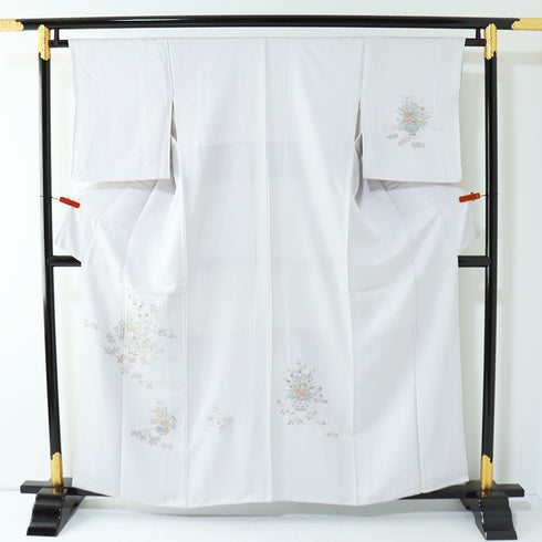訪問着 リサイクル 身丈158cm 裄64.4cm 袷 花籠柄 刺繍 グレー Mサイズ セミフォーマル お洒落 正絹 広衿 Sランク