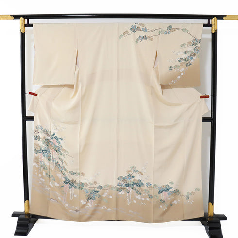 訪問着 リサイクル 身丈159cm 裄64.4cm 袷 松葉や富士柄 ベージュ Mサイズ セミフォーマル お洒落 正絹 広衿 Aランク